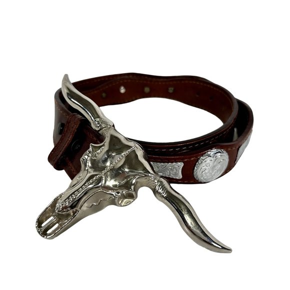 Unknown Other - Longhorn Steer Skull Leather Belt Embossed n Studded Mens Size 42 Made in Mexico